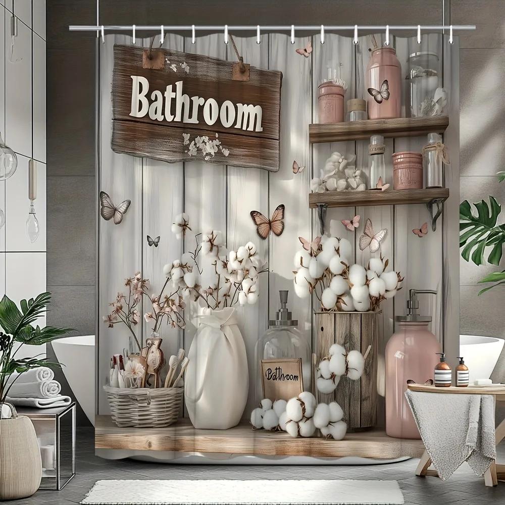 Floral Shower Curtain with Rustic Wooden Panels - Butterfly & Farmhouse Vintage Design, Includes Hooks, for All Bathrooms & Rods