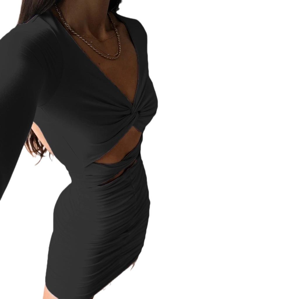 Autumn and Winter New Women's Clothing, Deep V-neck Backless Hollow Pleated Fashion Dress