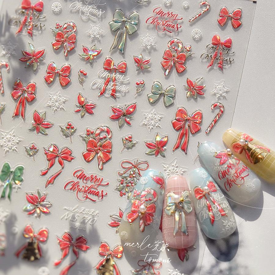 

Tomoni Shell Light Nail Stickers - Christmas Bow Collection, Japanese Collaboration