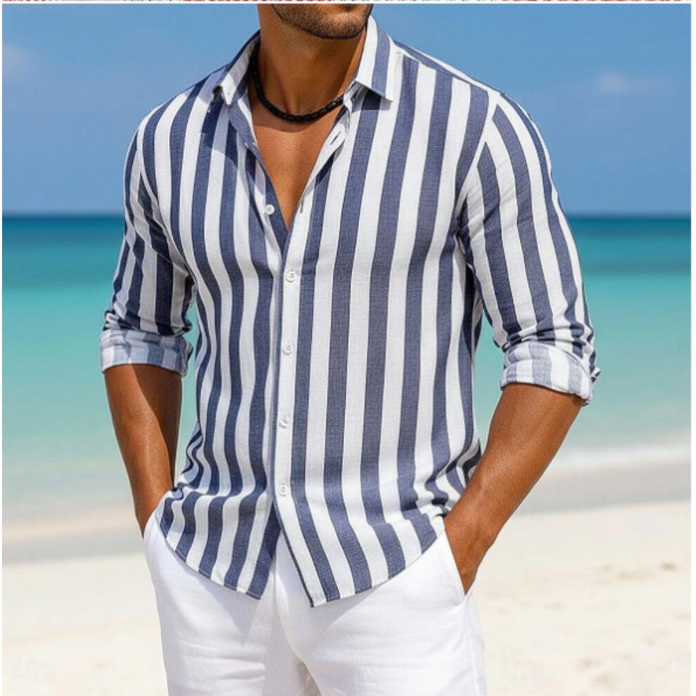 Men's Striped Pattern Printed Long Sleeve Shirts Casual Cardigan New Button Holiday Fashion Shirts