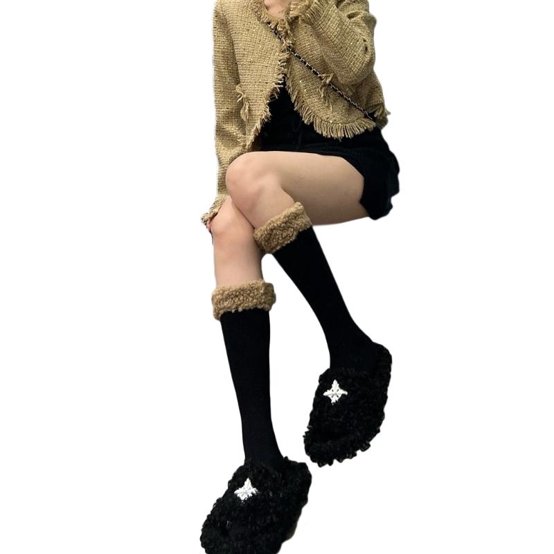 Women Winter Calf Length Boots Socks Japanese Style Cute Faux Lamb Wool Furry Trim Pompom Bowknot Stockings Leg Warmer