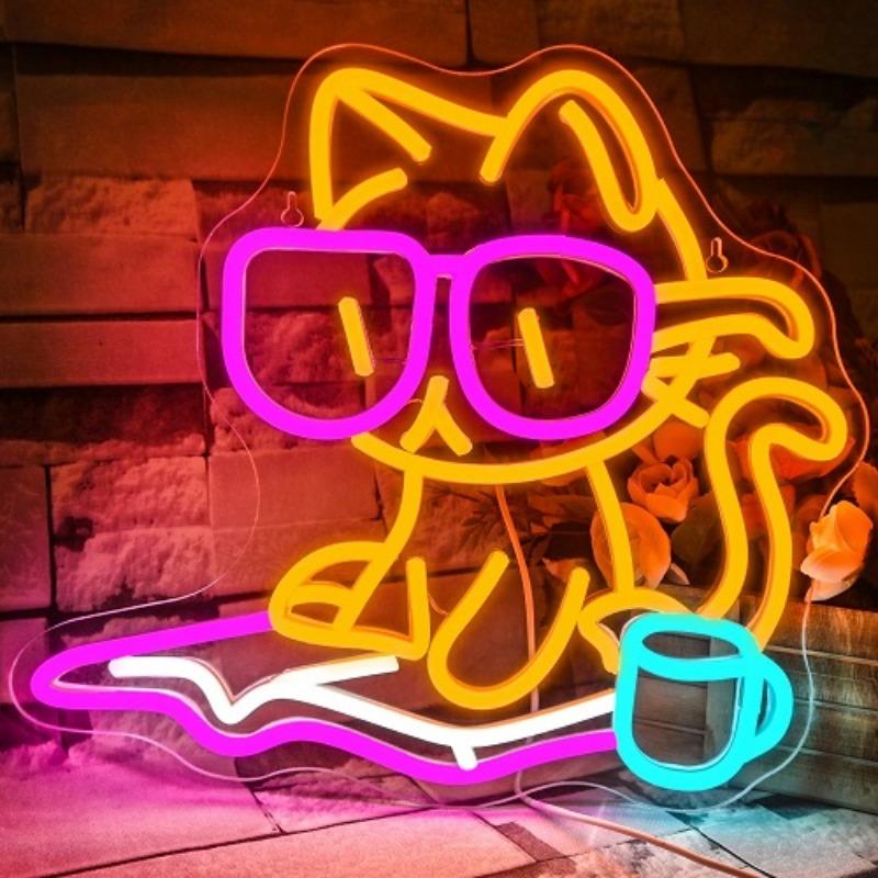 Cat Reading Book Neon Sign for Wall Decor Cute Cat Led Signs for Library Neon Lights for Classroom Reading Cafe