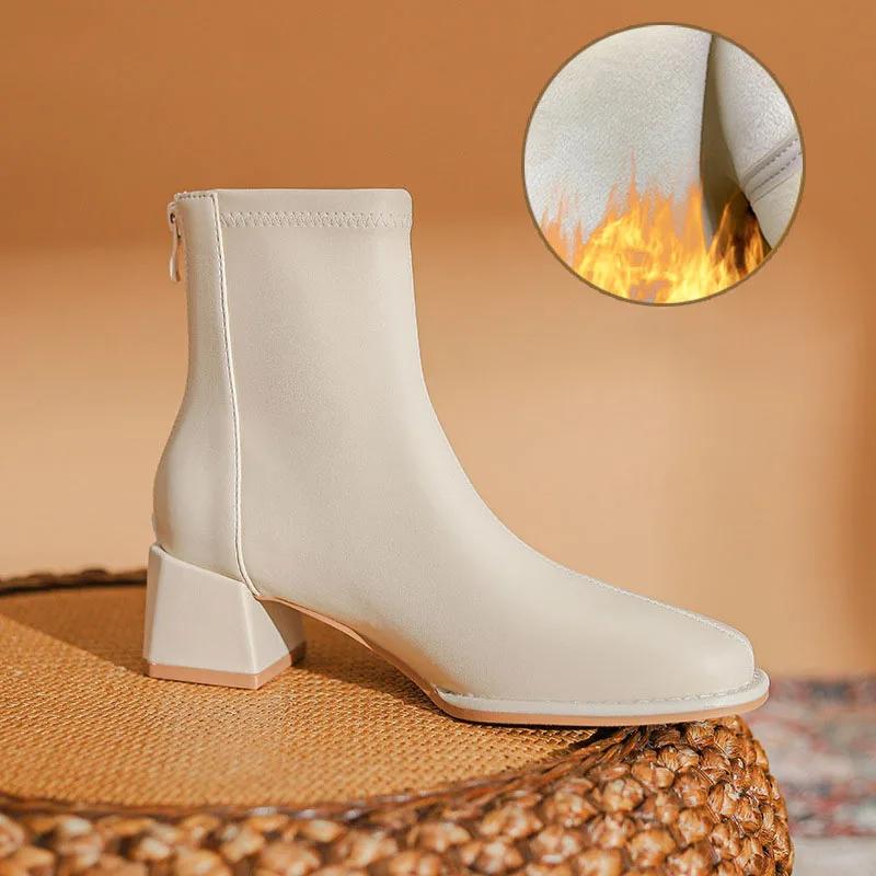 Fashion 2025 Autumn Winter Women Soft Leather Plus Velvet Heel Ankle Boots Fashion Square Toe Zipper Ladies Short Boots Botas De Mujer