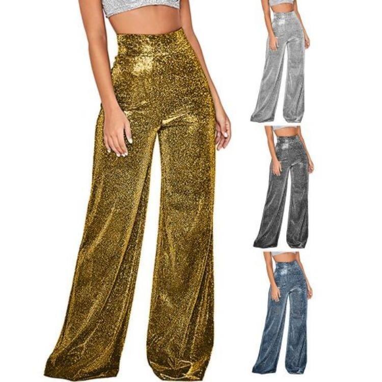 Damskie Modne Spodnie z Wysokim Stanem Szerokimi Nogawkami Błyszczące Luźne Proste Spodnie Wygodne do Codziennego Noszenia Jednokolorowe Temperament Wiosna Jesień