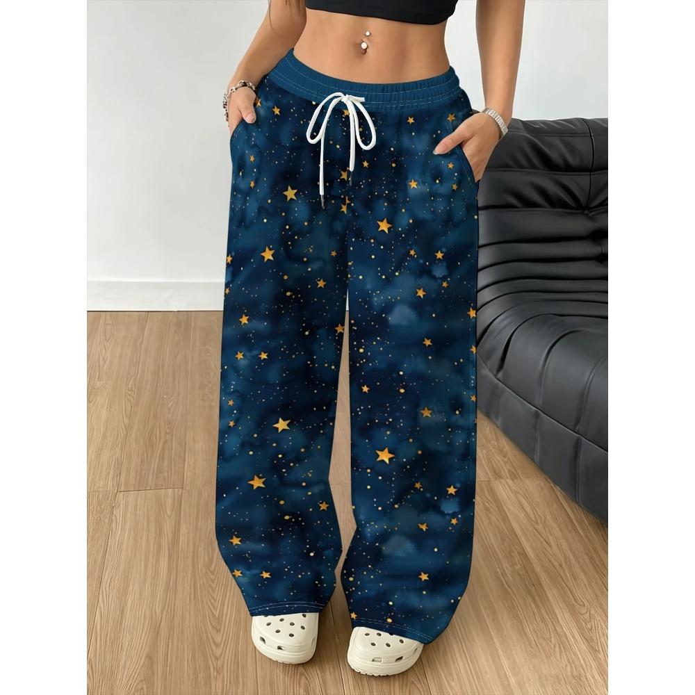 Women's Fashion Casual Wide-leg Trousers Dark Blue Smudged Starry Sky Gold Star Print Loose and Versatile Sweatpants