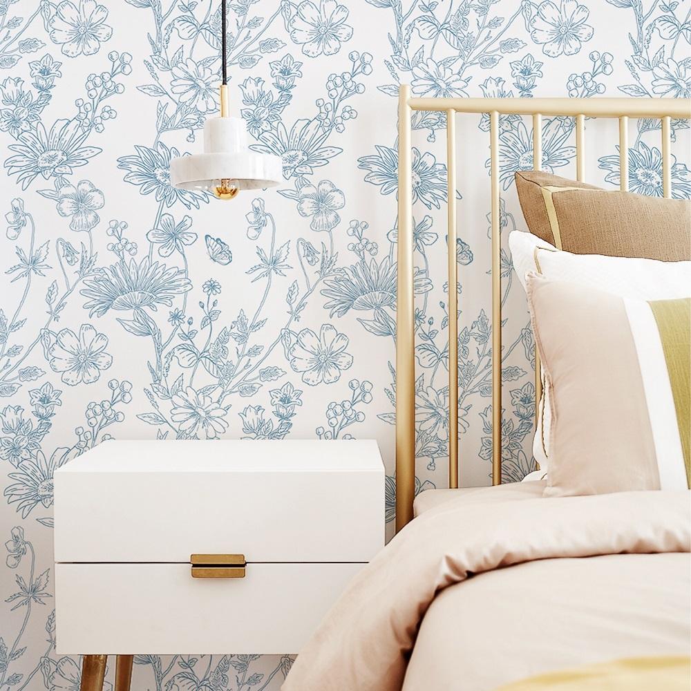Simple Blue Floral Wallpaper For Bedroom Cute Wall Stickers Self-Adhesive Pvc Waterproof Removable Wallpaper Home Decoration