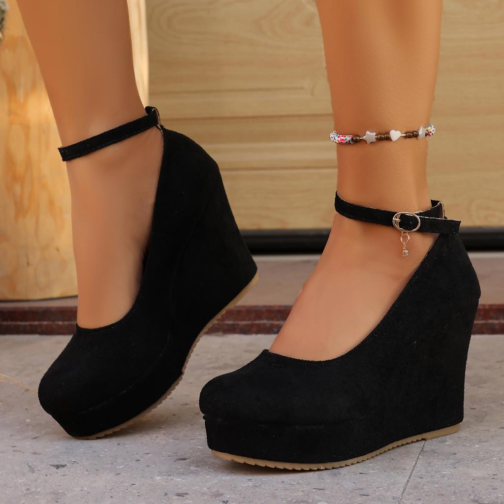 Women Wedge Pumps Sexy Buckle Round Toe Ankle Strap High Heels Shoes Platform Party Wedding Shoes Female Zapatos De Mujer