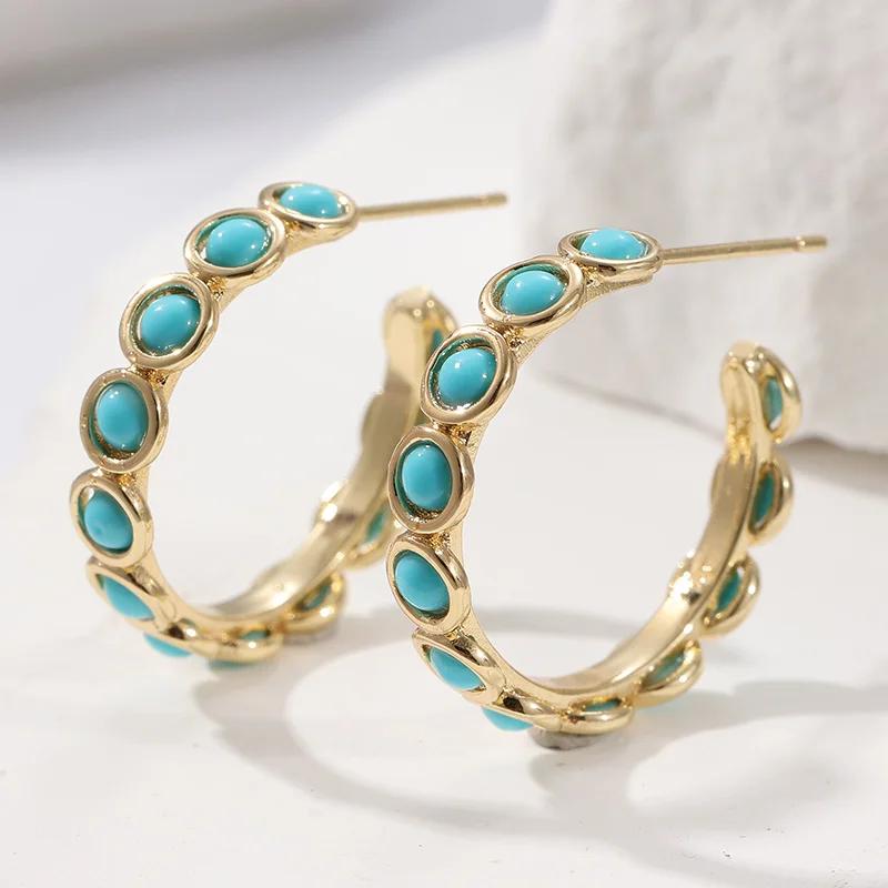 

Vintage Bohemian-style Synthetic Turquoise Golden Plated Hoop Earrings for Women Versatile Vacation Jewelry Accessories Blue-green