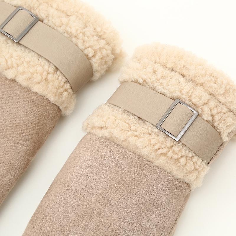 Plush Cuff Metal Buckle Suede Gloves Solid Color Thickened Warm Gloves Women's Stylish Versatile Cold-proof Gloves