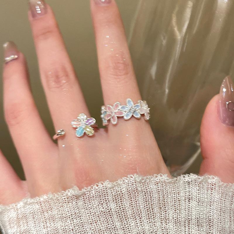 Zircon dripping oil colored flower opening ring exquisite fashion temperament ring fresh and versatile advanced sense index finger ring