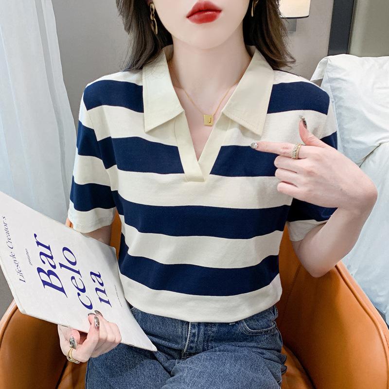 Striped Long-sleeved T-shirt Women's Pure Cotton Spring and Autumn 2025 New Thin POLO Collar with Bottoming Shirt Temperament Top