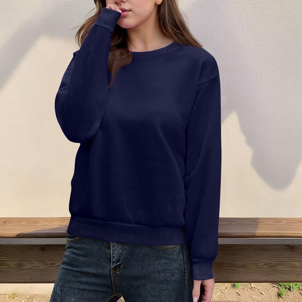 Damen Casual Fashion Top Einfarbig Rundhals Langarm Pullover Top