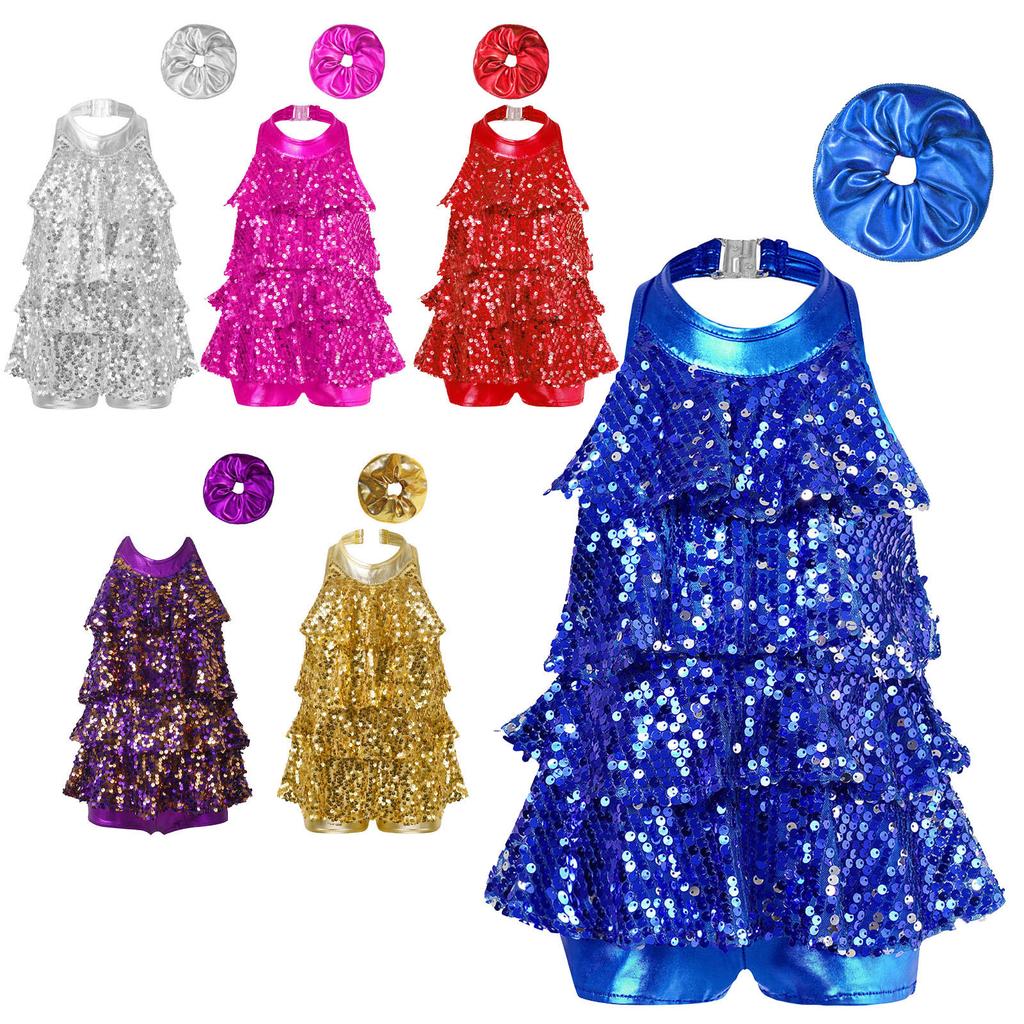 Kids Jazz Latin Costume Halter Leotard with Shiny Sequins Ruffles Metallic Hair Accessory