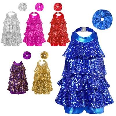 Girls Jazz Latin Dance Costume Halter Leotard with Shiny Sequins Ruffles & Metallic Hair Band