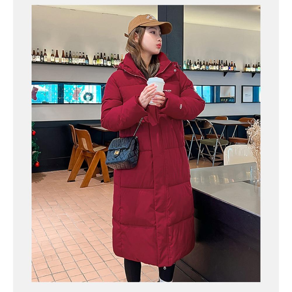 Koreanische Version von langen Overknee-Baumwoll-Steppmänteln mit Kapuze für Damen Winter neue lockere Baumwoll-Steppmäntel, verdickte warme Brotmäntel,