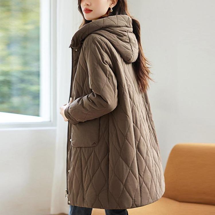 Women's Plus Size Fleece Lined Cotton Jacket Mid Length Quilted Warm Stylish Coat for Mom Middle Aged