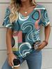 Women's V-Neck Blue Abstract Geometric Print Short Sleeve T-Shirt, Casual Tops for Spring & Summer