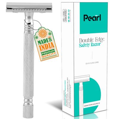 Pearl Shaving Double Edge Safety Razor (SS-01 CC-CHROME) Made with Brass Metal- Classic & Traditional | Complimentary Blade Refills | Shaving Kit |