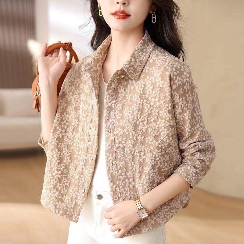 Womens Beige Floral Jacquard Shirt Casual Button Down Long Sleeve Cropped Jacket