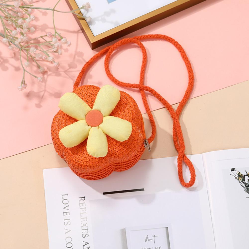 Cute Handmade Kids Straw Bag Flower Shape Woven Crossbody Bag Summer Beach Bag for Children Girls