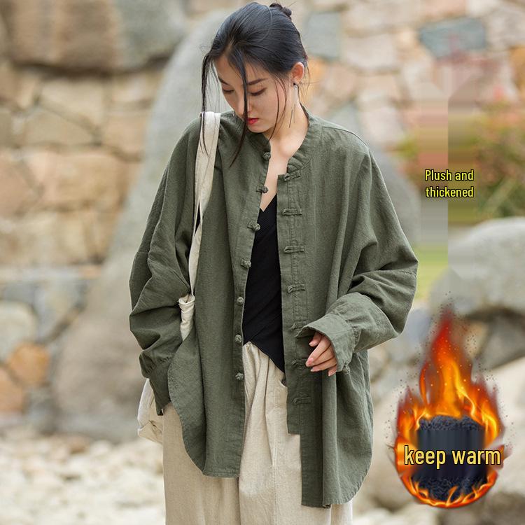 Wiosna/Lato 2025 Damski Bawełniany Lniany Ramie Zen Garnitur do Herbaty Kardigan: Postarzany piaskowy odcień do fotografii podróżniczej.