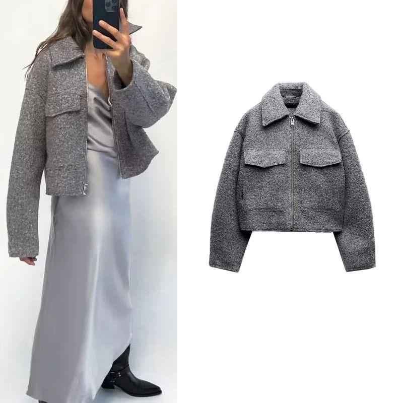 Fall and Winter New Arrival Women's Long-Sleeve Zipper Lapel Large Loose Pockets Woolen Short Jacket 3046273