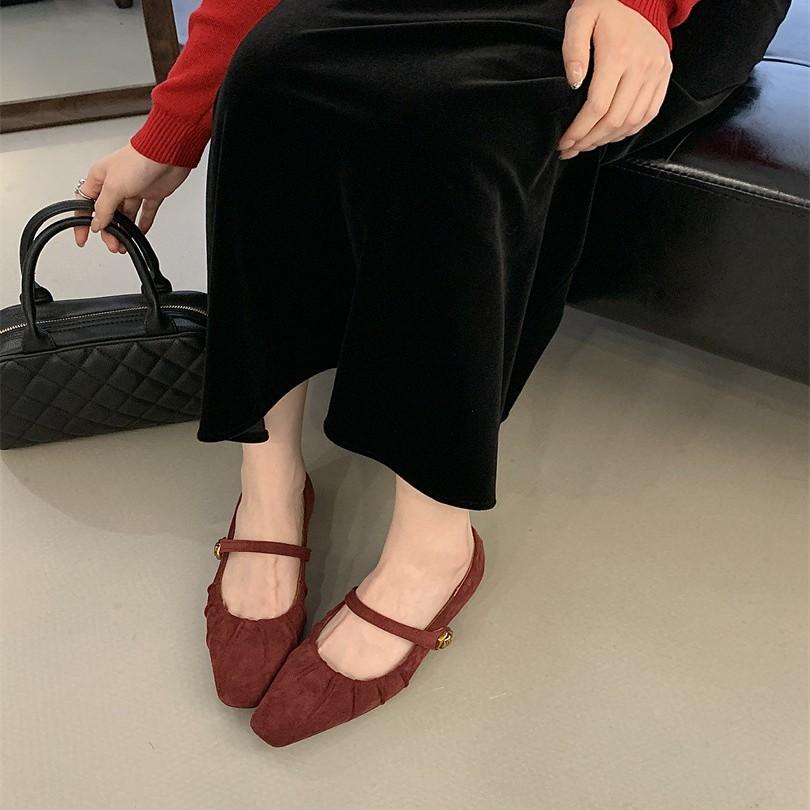 Inner Height Increase Suede Folds with Skirt Single Shoes Women's Shoes 2025 New Spring and Autumn Square Head Mary Jane Evening Shoes