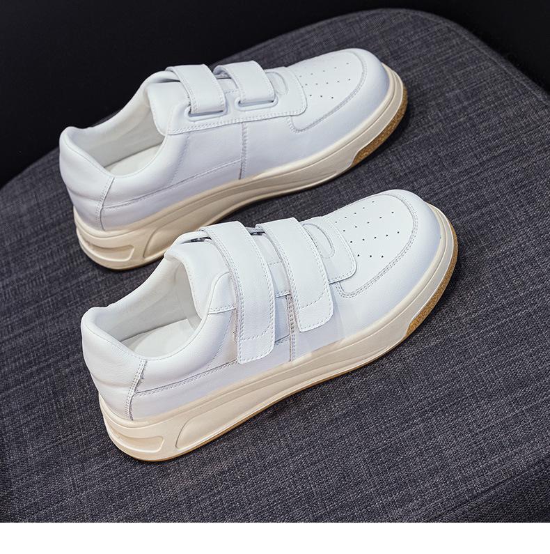 Women's White Platform Sneakers - 5cm Height Boost, Autumn Casual, Velcro, Thick Sole, Genuine Leather.