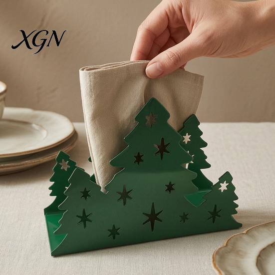 Festive Napkin Organizer Christmas Tree Holder, Stainless Steel Vertical Paper Towel Stand, Modern Metal Tray Decorative Dispenser for Holiday
