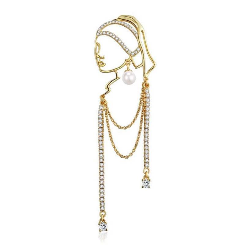 1PC Alloy Brooch Fashion A Girl Elegant Tassel Brooch For Women With Pearl Earrings Dress Collar Accesories Pins Jewelry