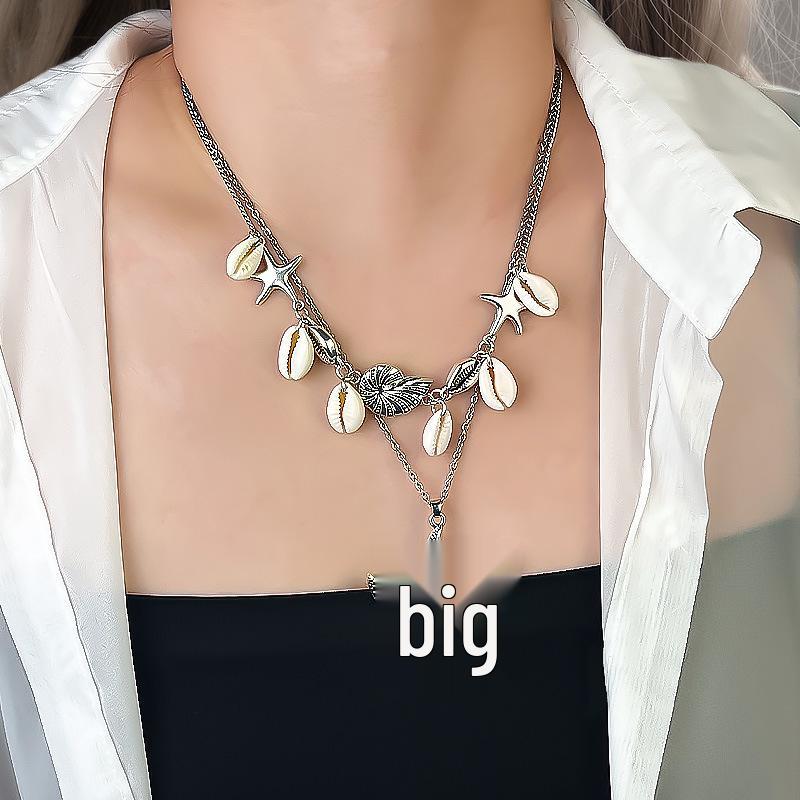 Layered Double-Layer Necklace: Summer Vacation Style with Shell, Starfish, and Conch Pendants