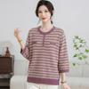 Elegant Korean-Style Striped Knitwear T-Shirt for Women, Plus Size, Loose Fit, Five-Sleeve, Perfect for Middle-Aged & Elderly, Spring Wear.