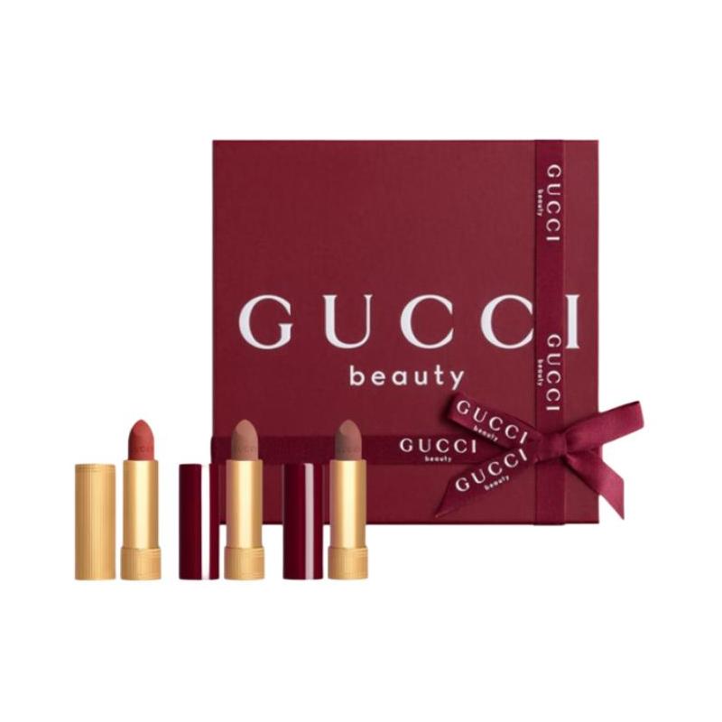 Набор косметики Gucci Маленькая золотая туба золотой бархат Набор из трех предметов: Помада Velvet Mist №217 + Помада Velvet Mist №126 + Помада Velvet Mist №128 золотой
