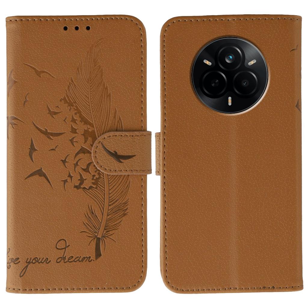 For Realme 14 Pro 5G Case Feather Imprint PU Leather Wallet Phone Cover