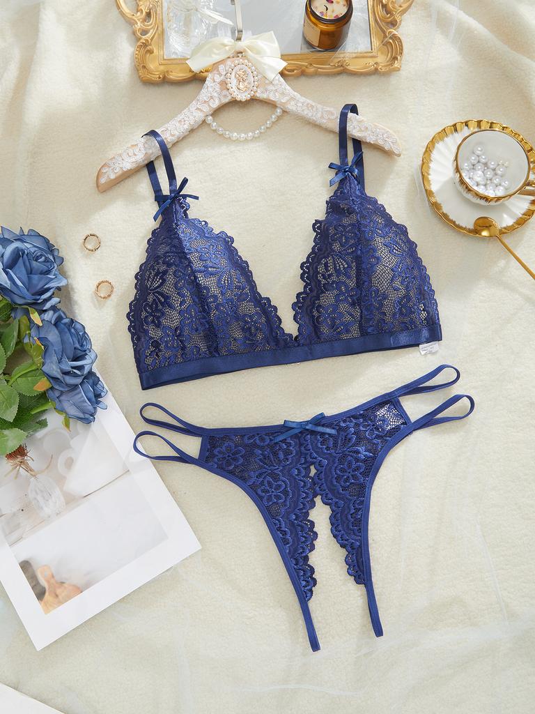 European and American explosive sexy ling sexy romantic lace bow French sex perspective underwear set