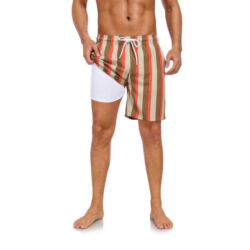 Men's Double-Layer Printed Beach Shorts Drawstring Swim Trunks