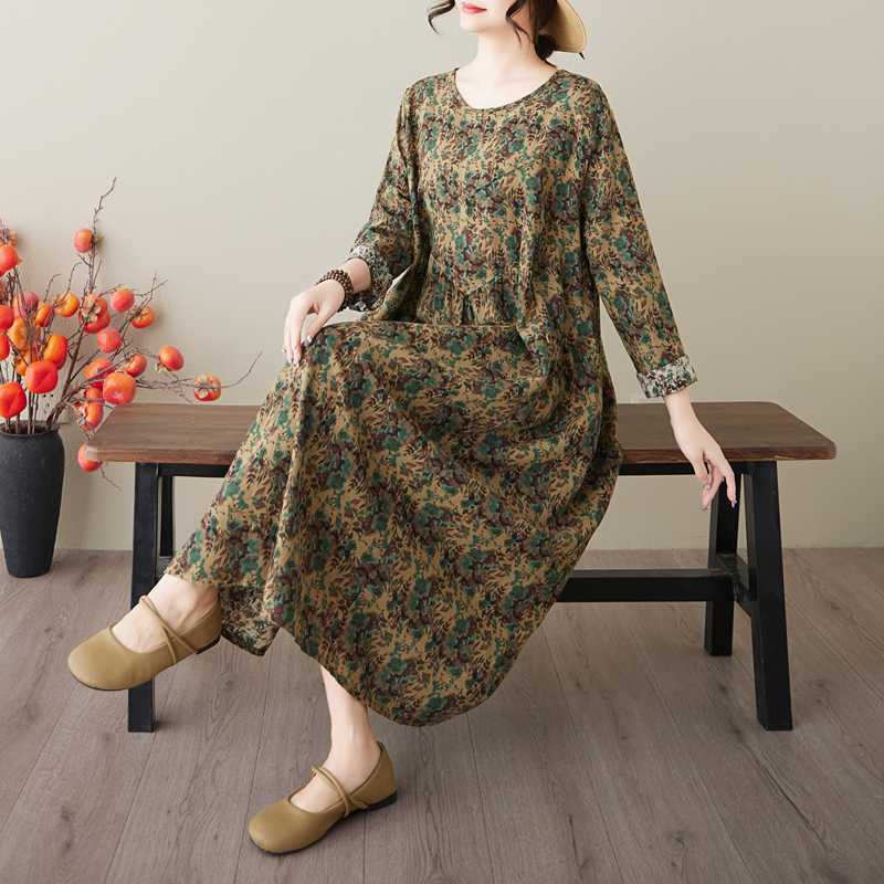 Spring and Summer New Vintage Cotton-Linen Round-neck Floral Pockets Long-Sleeved Dress for Women Loose Fit for Slimming - A-Line Skirt