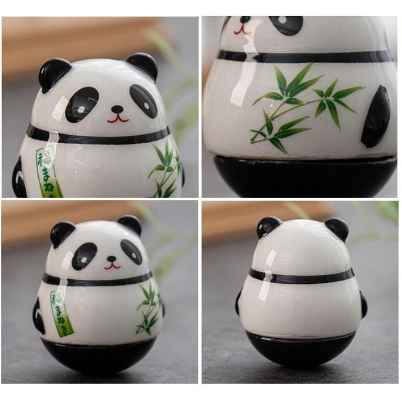 Japanese Ceramic Panda Doll Crafts Panda Tumbler Toy Lucky Charm Fortune Ornament Landscape Home Office Desk Decor