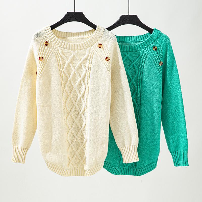 Women's Fall/Winter Knitwear Solid Button Loose Pullover Cable Knit Sweater