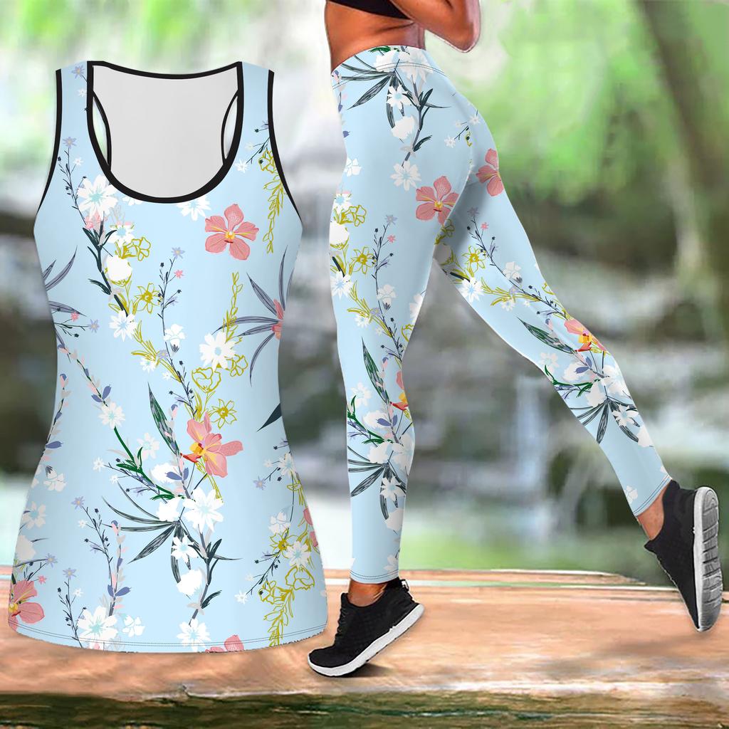 Suya Flower Print Yoga Outfit for Women Fashion Workout Leggings Fitness Sports Casual Yoga Set Sports Suit