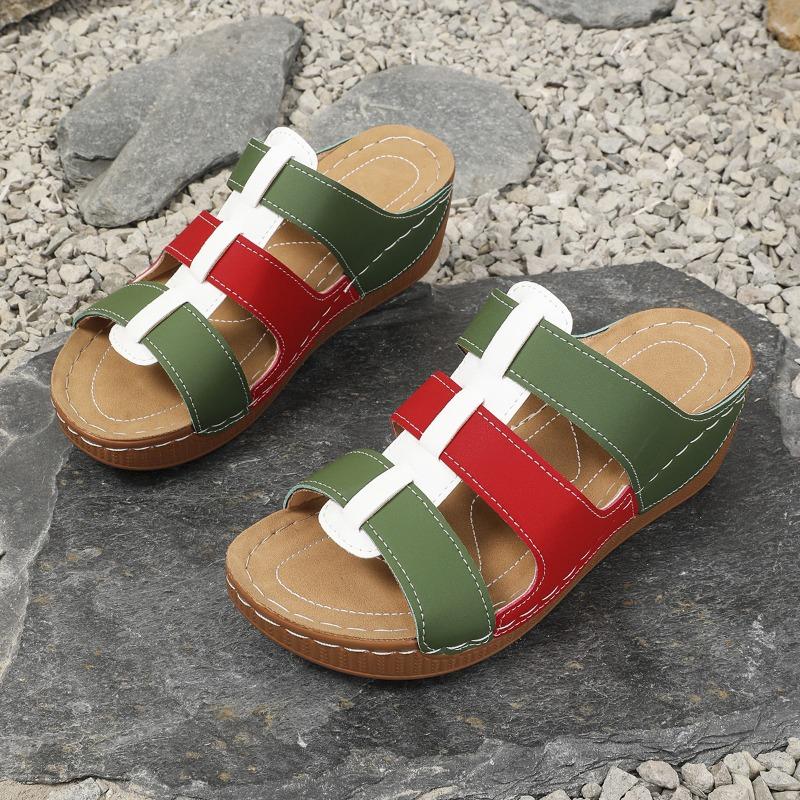 Spring and summer color matching casual hollow thick-soled muffin cool slippers women wear one-character slippers large-size sandals