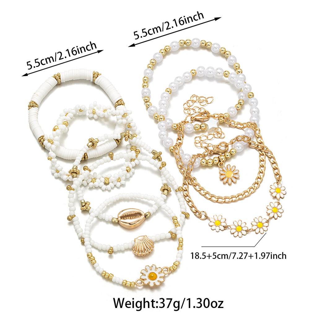 9 Elegant and Simple Daisy Rice Bead Bracelets with Multi Layer Stacking Soft Ceramic Shell Metal Women's Bracelet Set