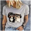 Cotton  Cartoon Sunglasses Shih Tzu Pair Print T Shirt Women Lovely Fluffy Puppy Casual Daily Basic Short Sleeve Top
