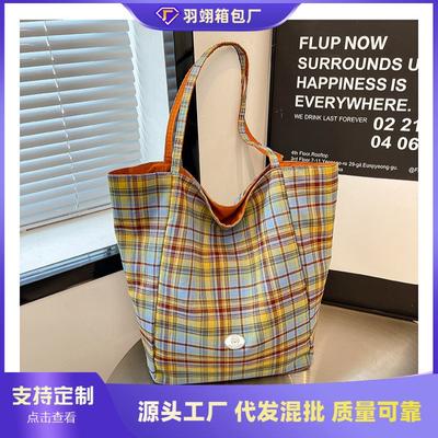 Plaid Canvas Bag Women's Large-capacity New Summer Versatile Lazy Style Shoulder Bag Student Tote Bag