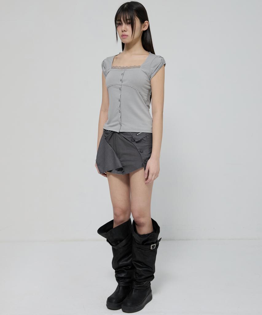 Peulleeoeob Lace Sleeve Top (Fl-112_Gray)