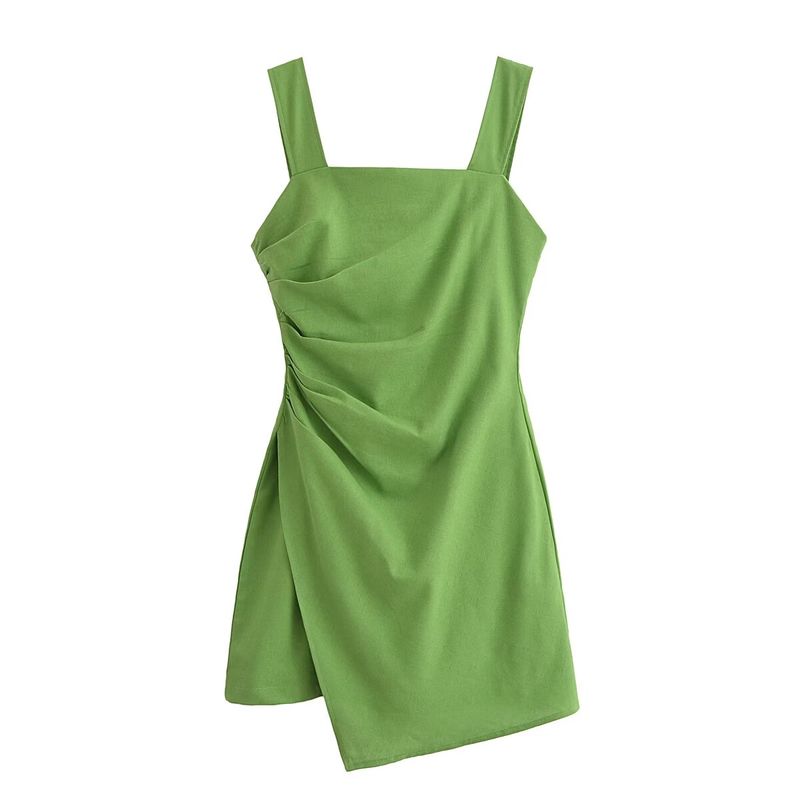 

Spring New French Vintage Style Elegant Slim Fit Square Collar Ruched Wide Shoulder Strap Linen Blend Dress Green L