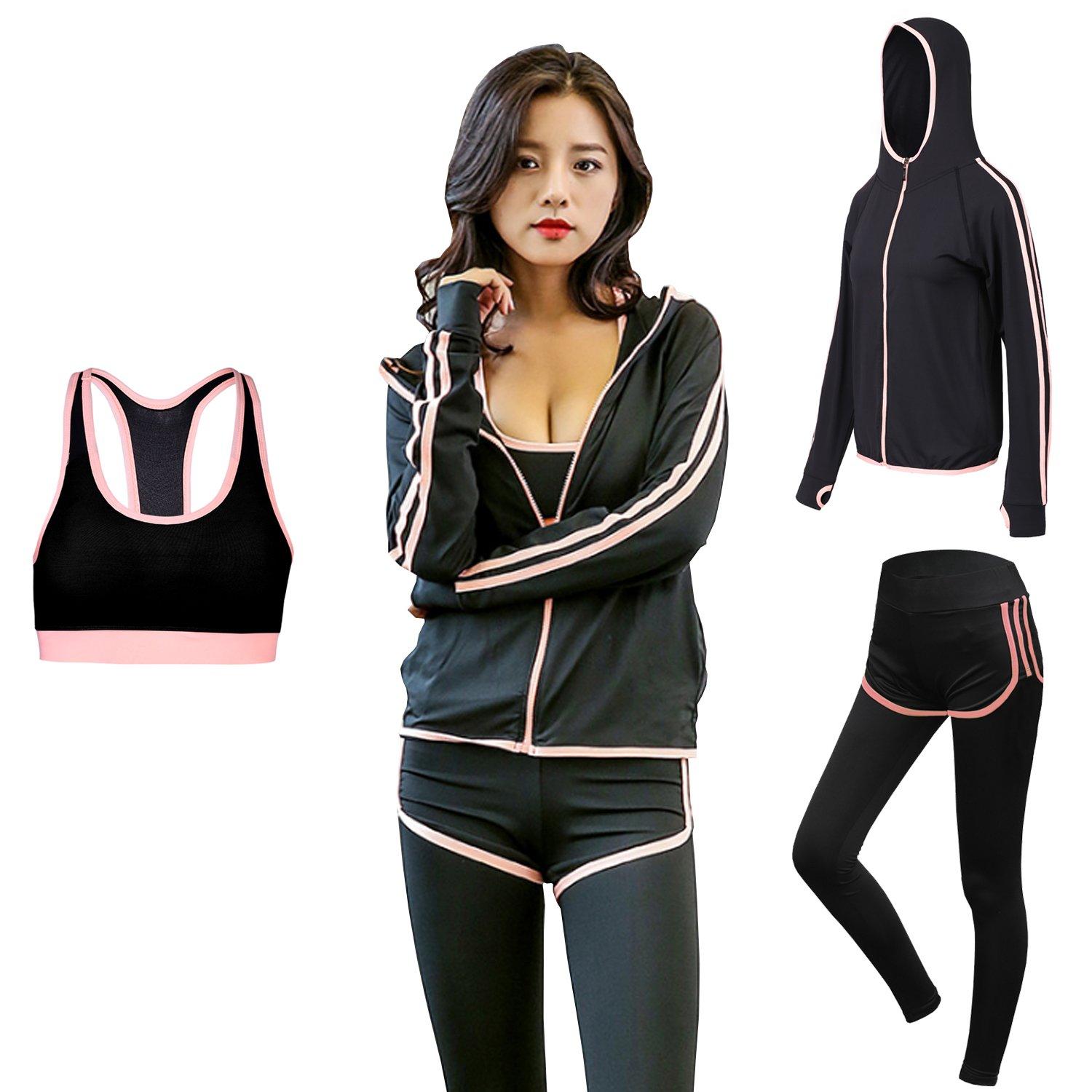 

KMAZN Sports Training Yoga Sports and and Women s 3-Piece Set Half-Top, Bra, Shorts, Leggings, Hoodie. Sweat-Wicking Quick-Drying.
