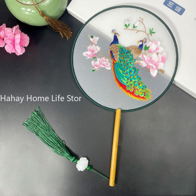 Fashion Chinese Style Wooden Handle Fan Embroidery Flower Girl Gift Portable Home Decor Hand Fans Crafts Dance Fan