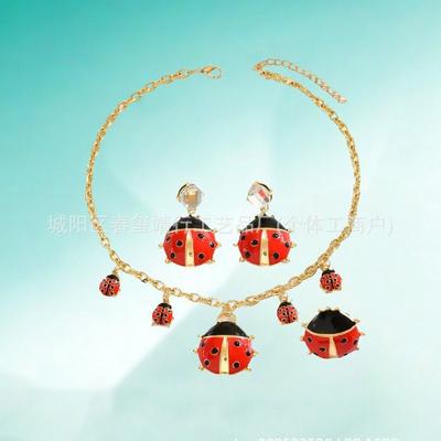Colorful Dripping Oil Six Star Ladybug Pearl Necklace Earrings Niche Insect Beetle Outfit Women