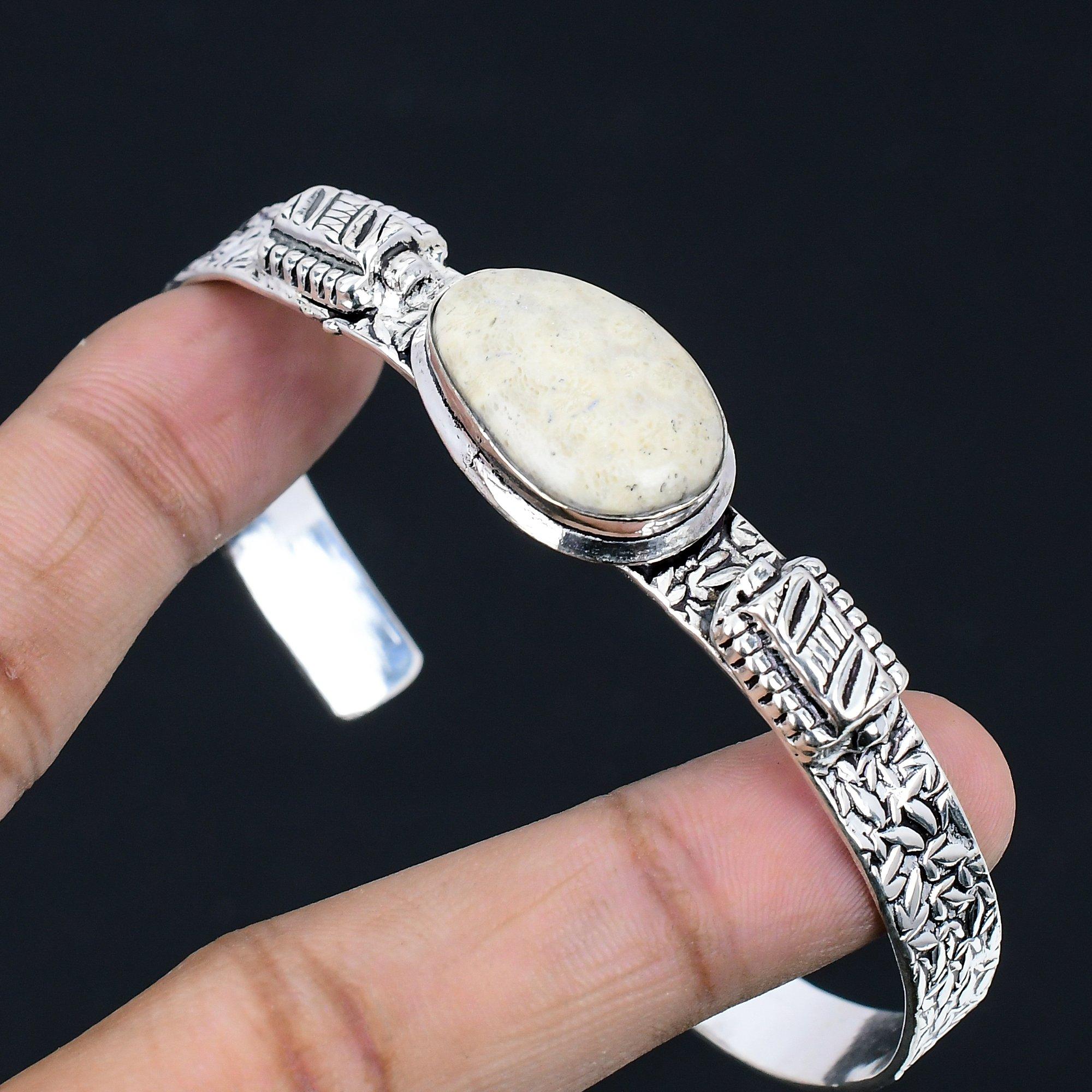 

Root Chakra Oval Fossil Coral Stone Wife Trendy New Bangle 925 Sterling Silver Adjustable